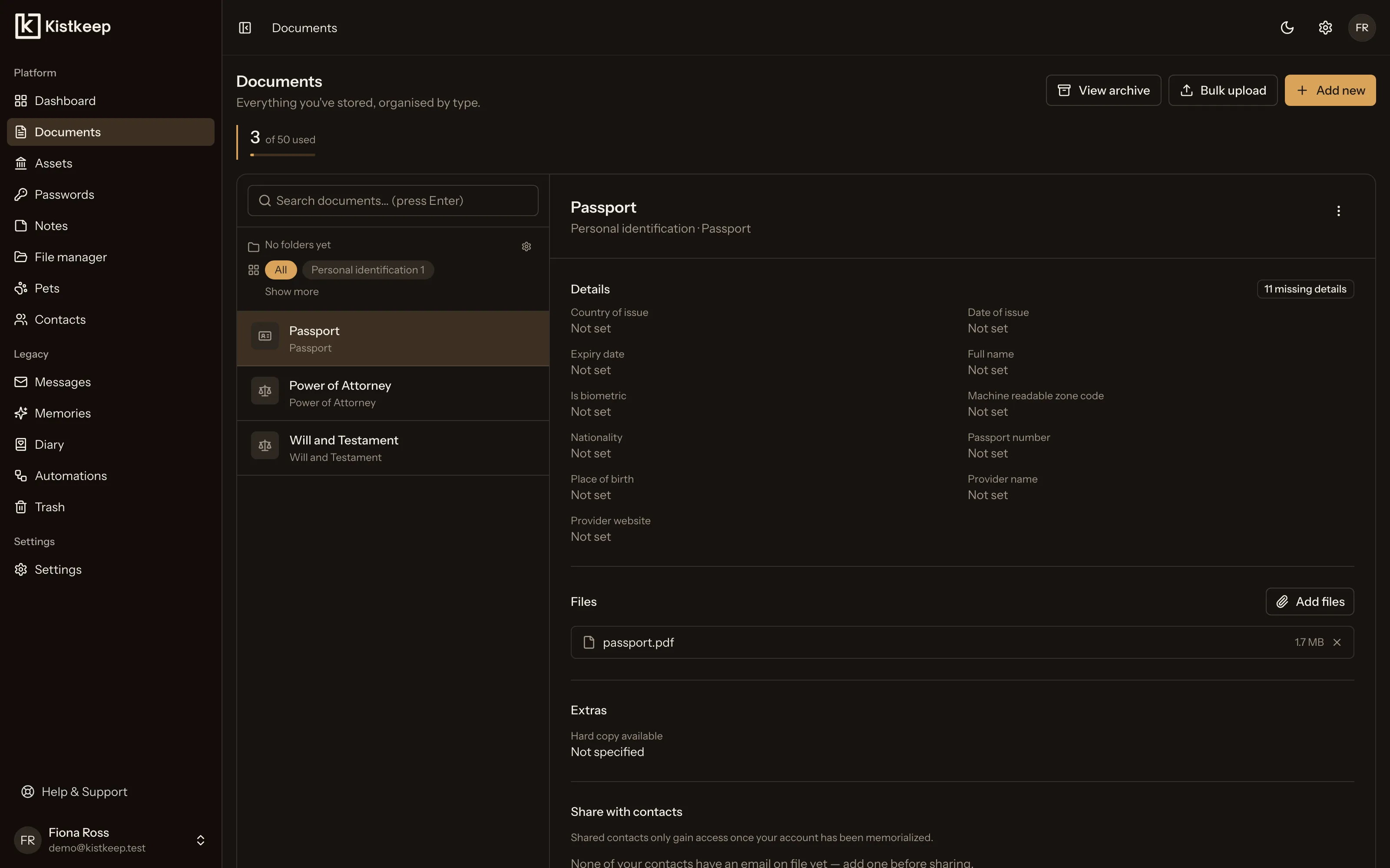 The Kistkeep documents view, organised by category