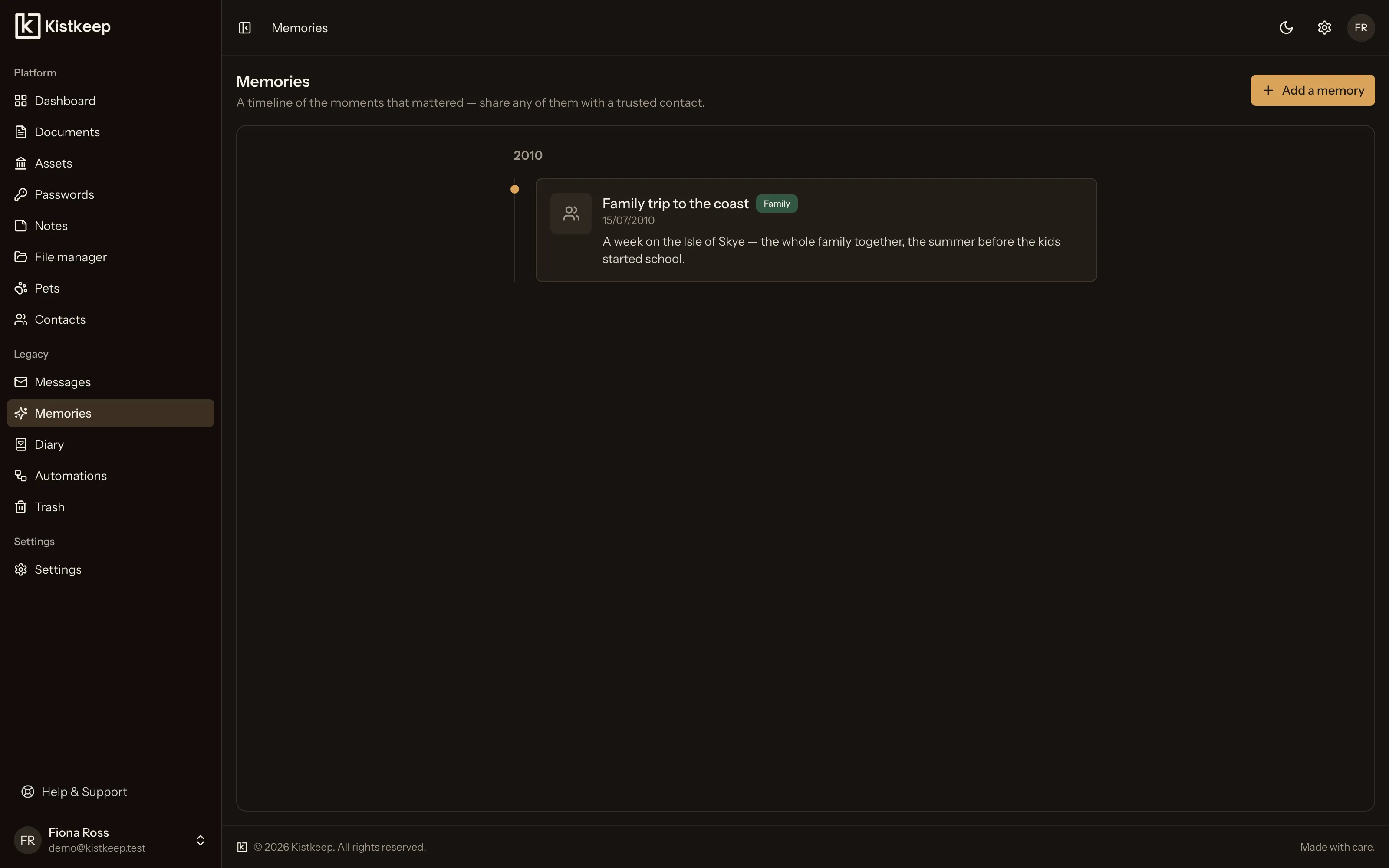 The Kistkeep memories timeline