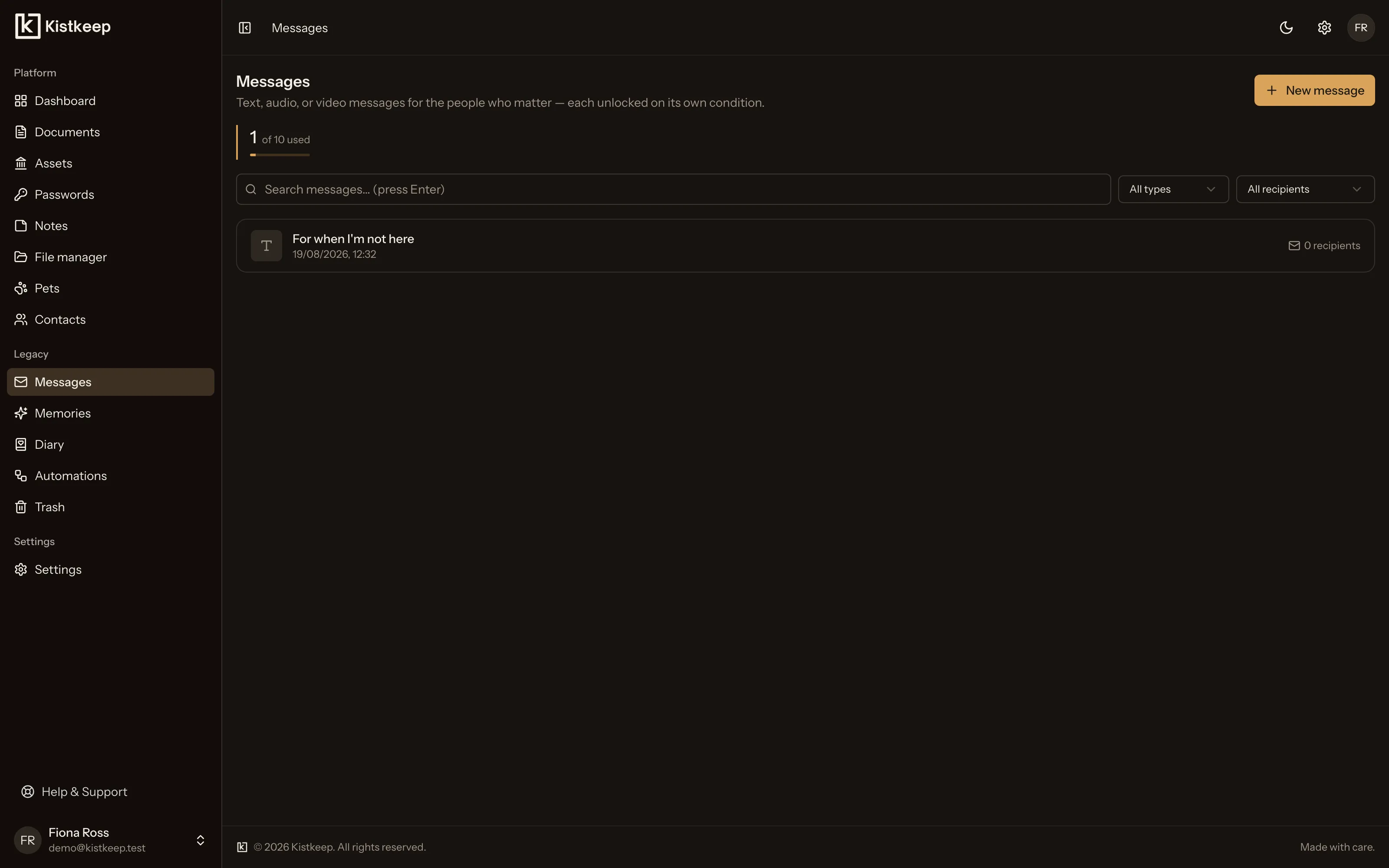 The Kistkeep messages view