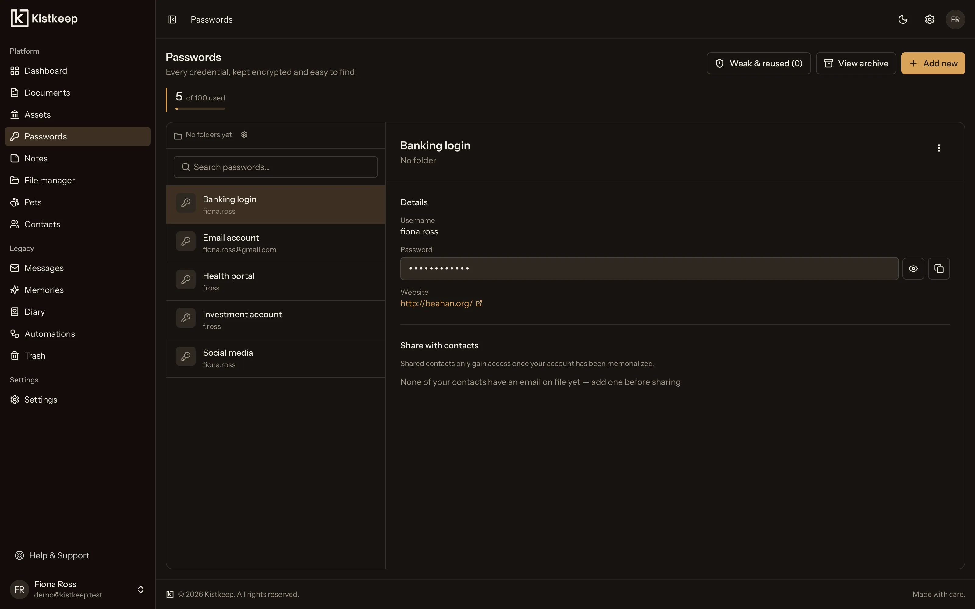 The Kistkeep passwords view