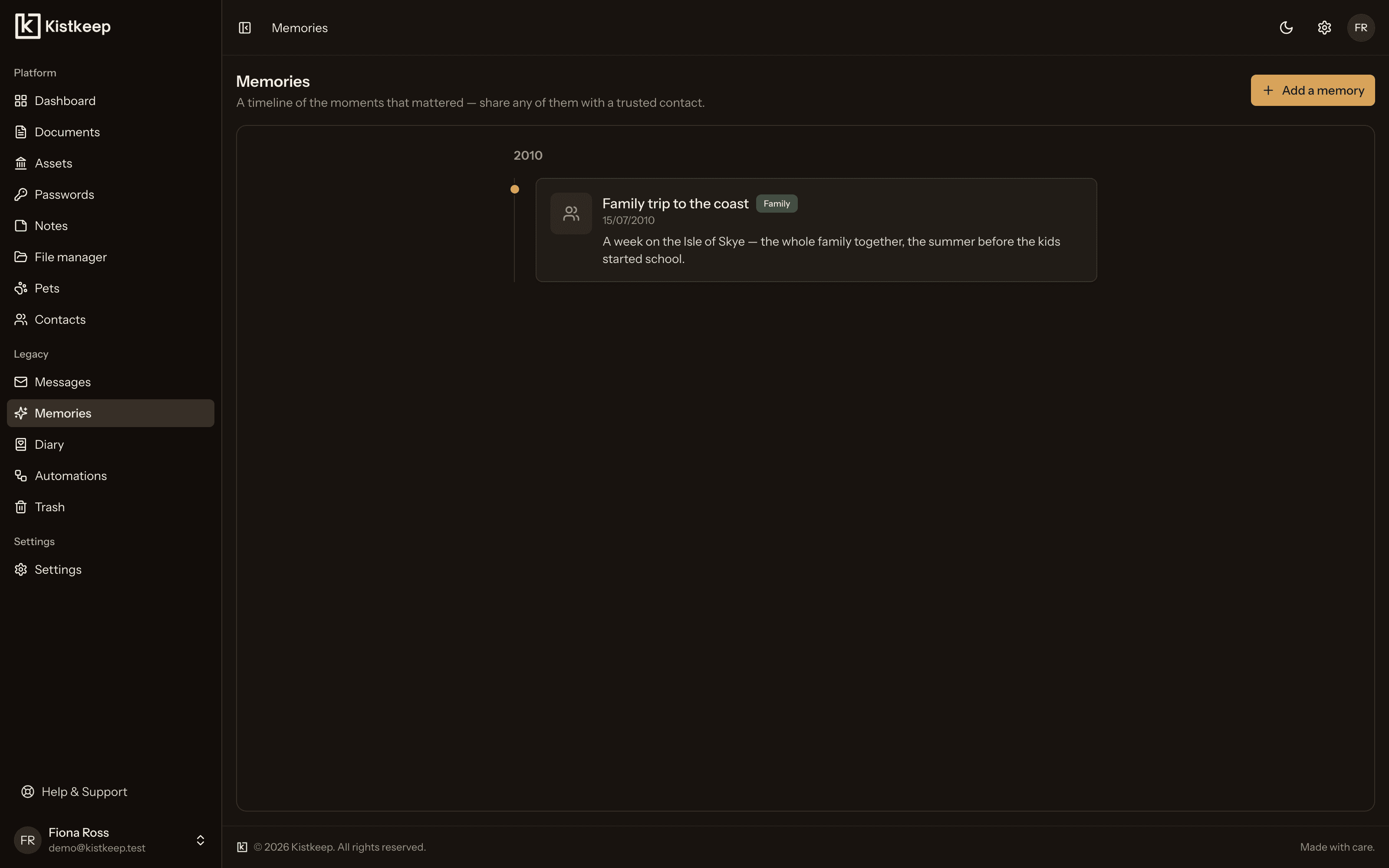 The Kistkeep memories timeline