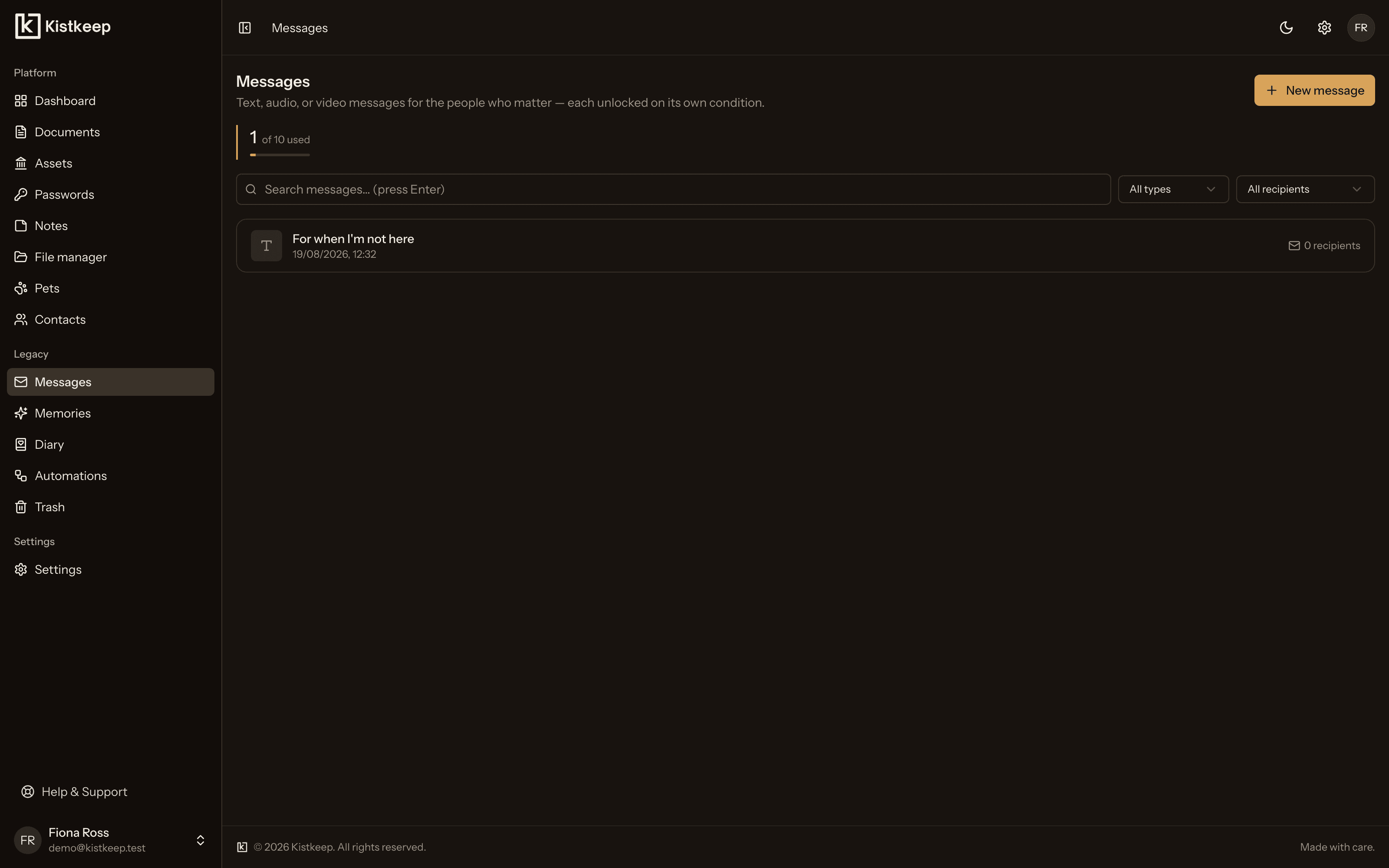 The Kistkeep messages view