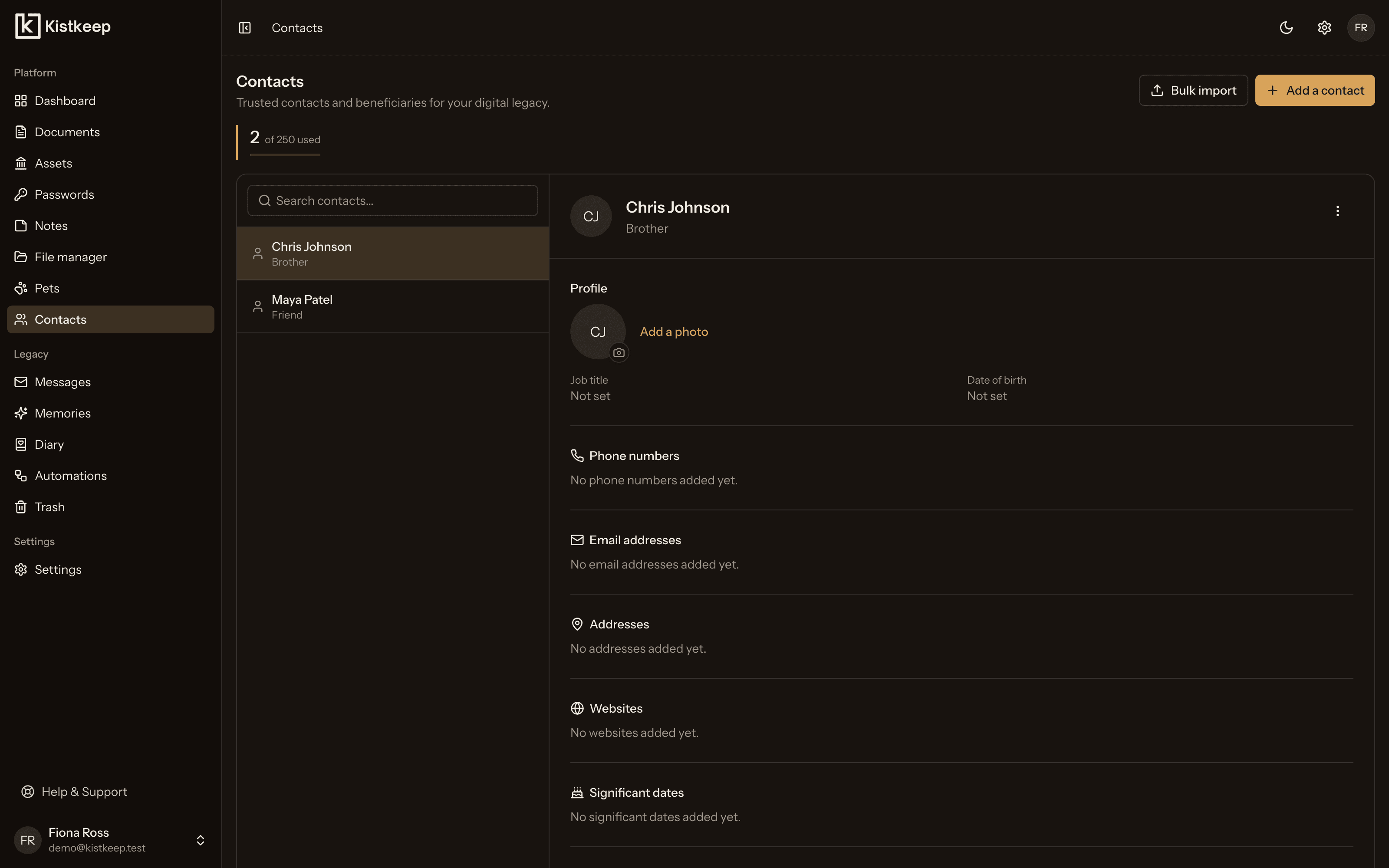 The Kistkeep trusted contacts view