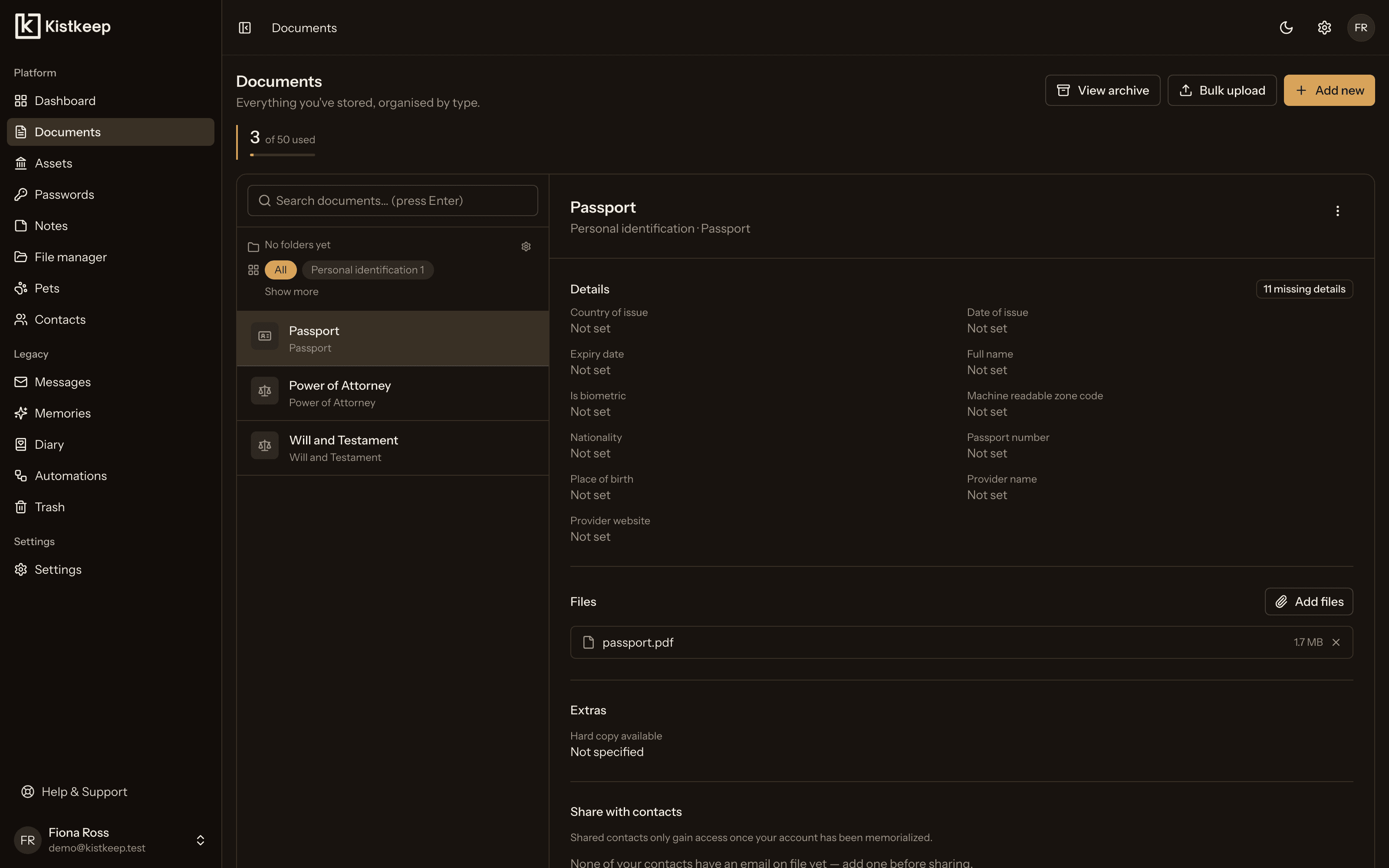 The Kistkeep documents view, organised by category