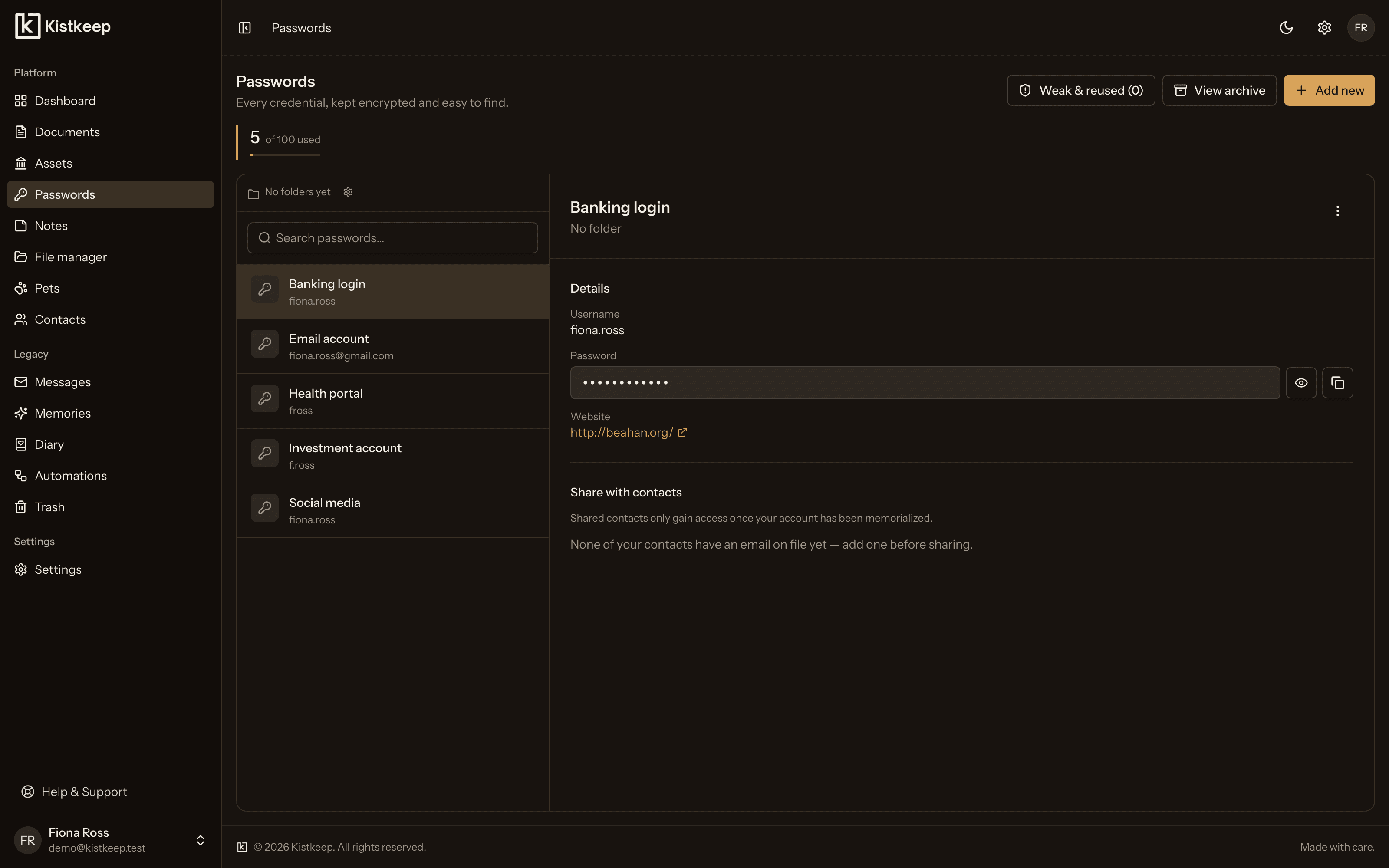 The Kistkeep passwords view